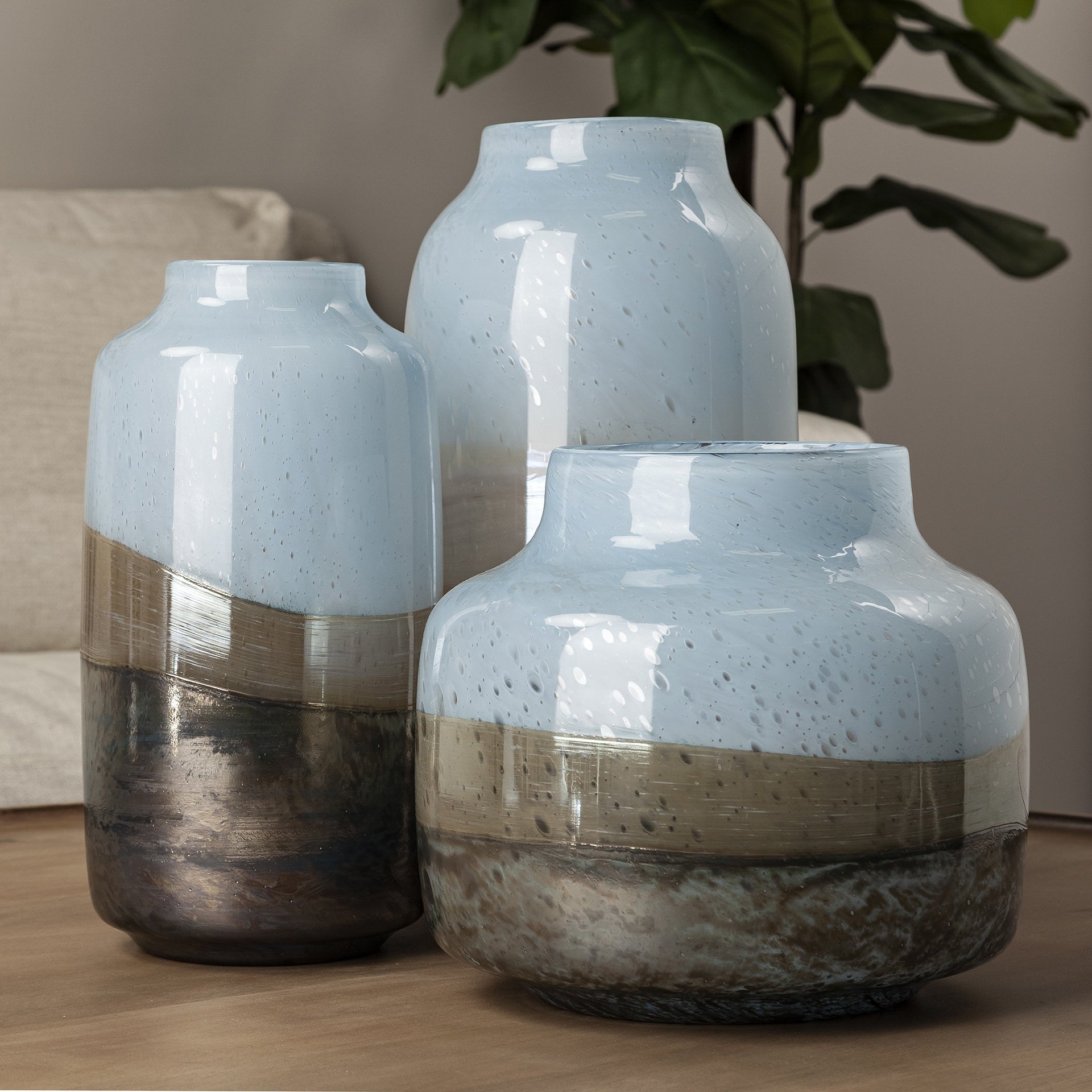 15" Blue And Beige Abstract Cylinder Crystal Glass Table Vase-Vases-DECOROLALA