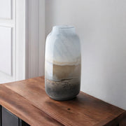 15" Blue And Beige Abstract Cylinder Crystal Glass Table Vase-Vases-DECOROLALA