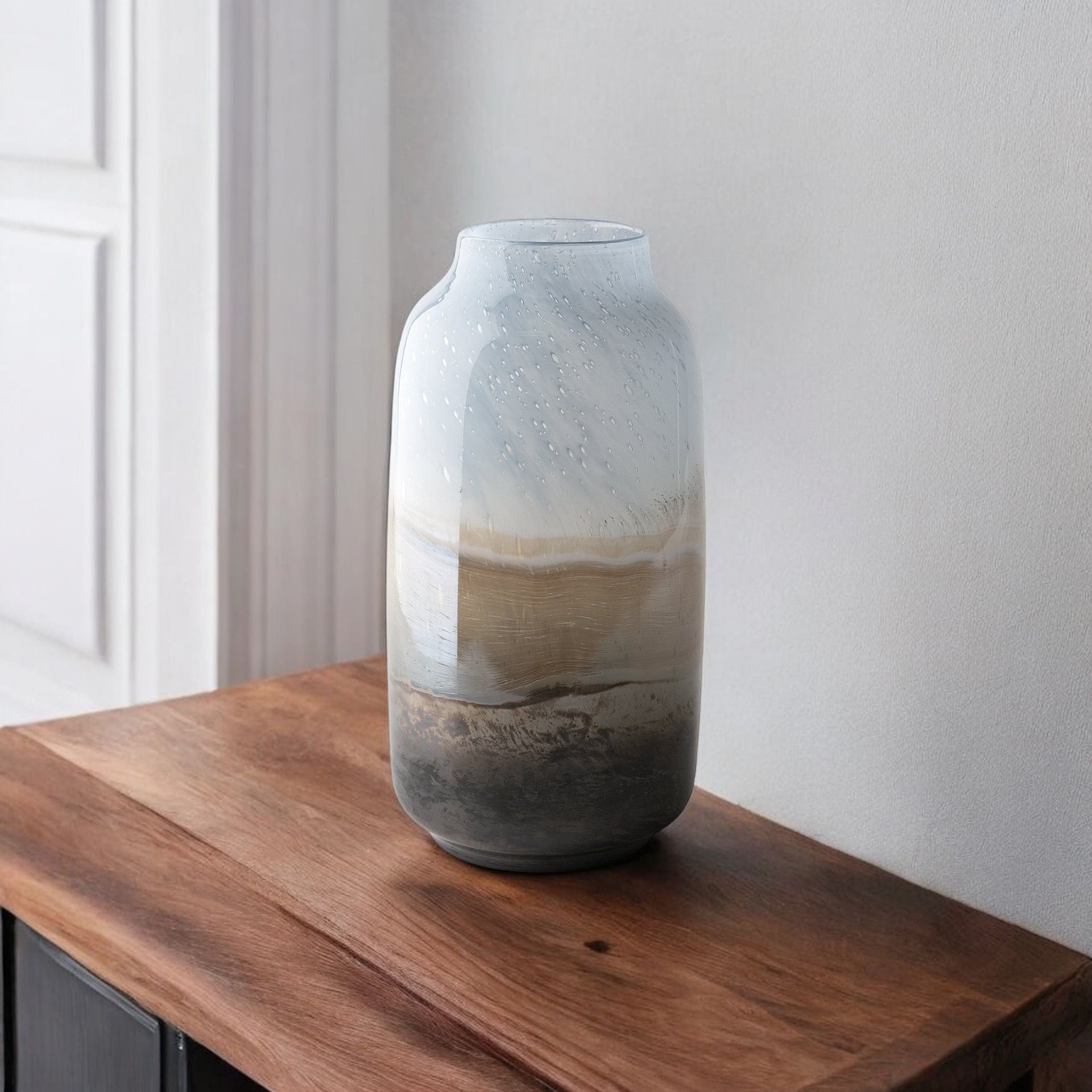 15" Blue And Beige Abstract Cylinder Crystal Glass Table Vase-Vases-DECOROLALA