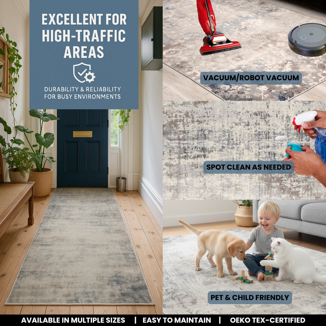 15' Blue And Ivory Abstract Runner Rug-Area Rugs-DECOROLALA