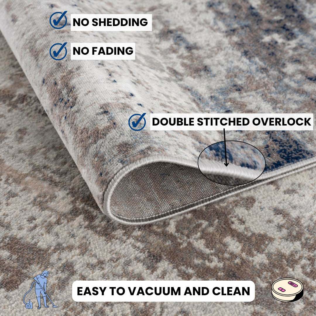 15' Blue And Ivory Abstract Runner Rug-Area Rugs-DECOROLALA