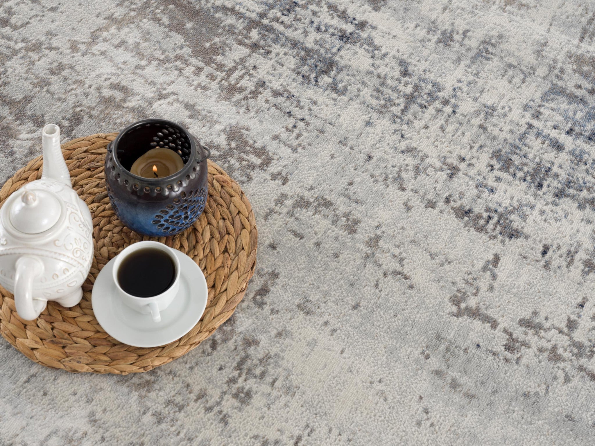 15' Blue And Ivory Abstract Runner Rug-Area Rugs-DECOROLALA