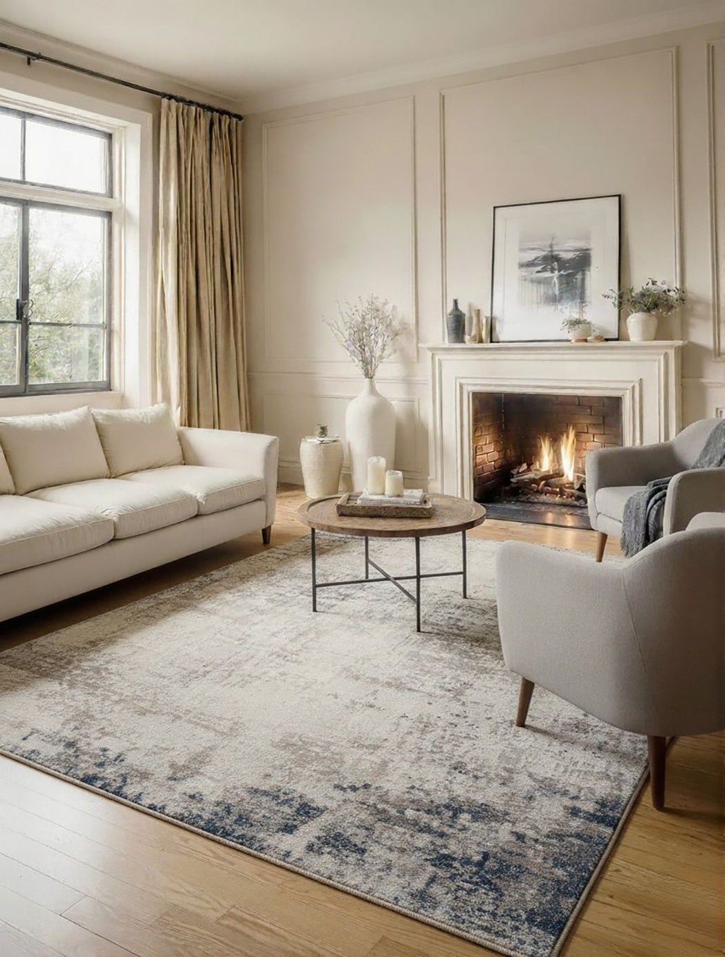 15' Blue And Ivory Abstract Runner Rug-Area Rugs-DECOROLALA