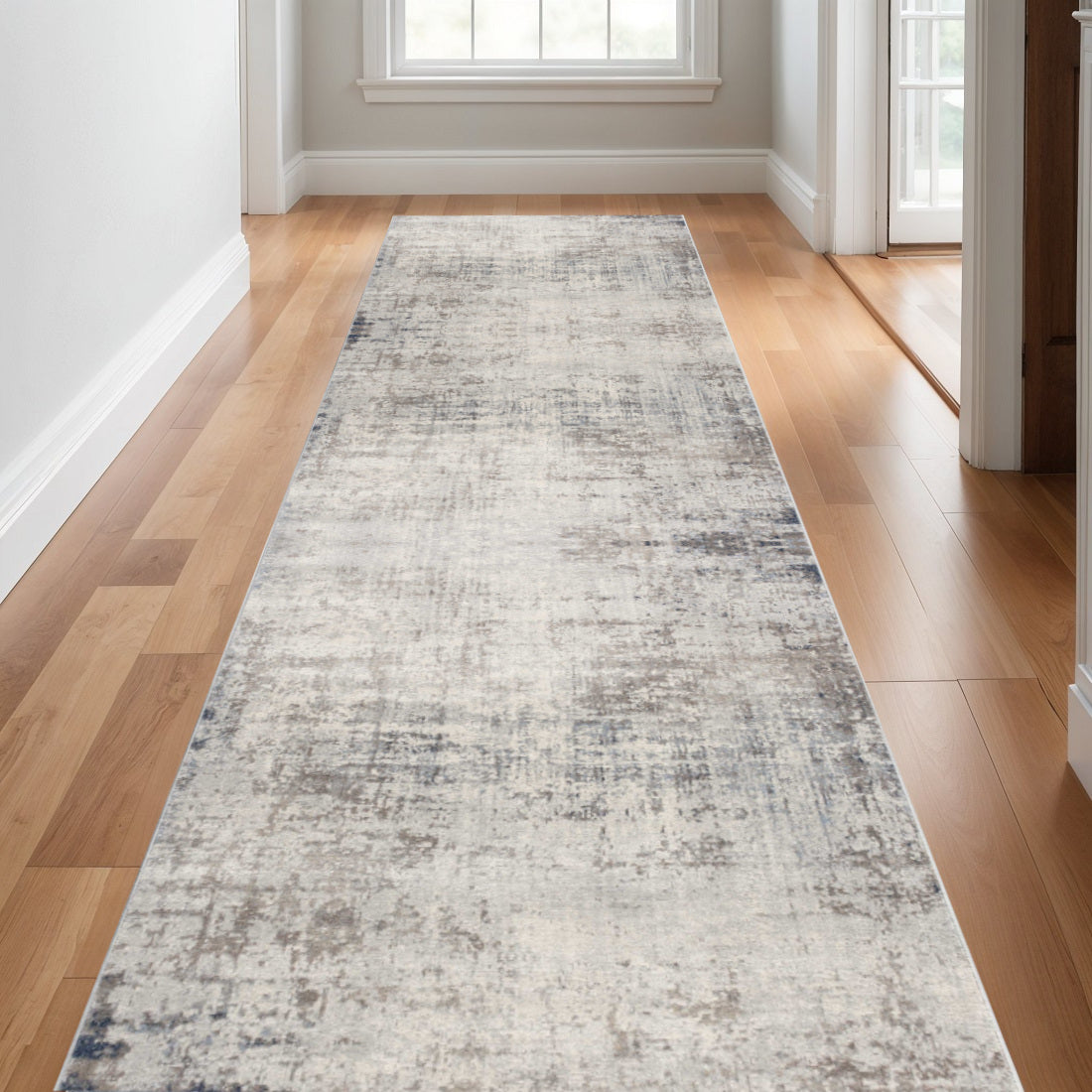 15' Blue And Ivory Abstract Runner Rug-Area Rugs-DECOROLALA