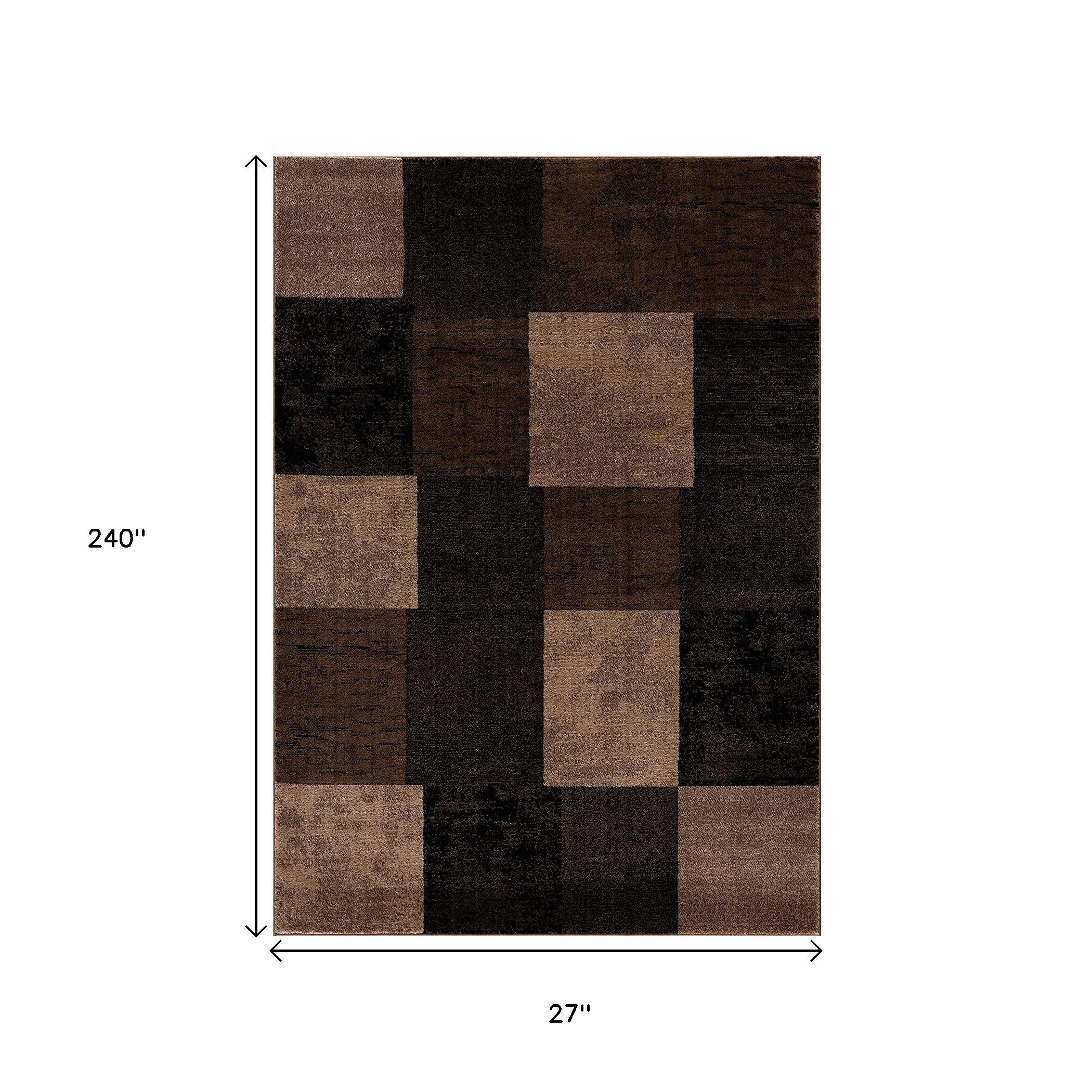 15' Brown And Black Geometric Distressed Runner Rug-Area Rugs-DECOROLALA