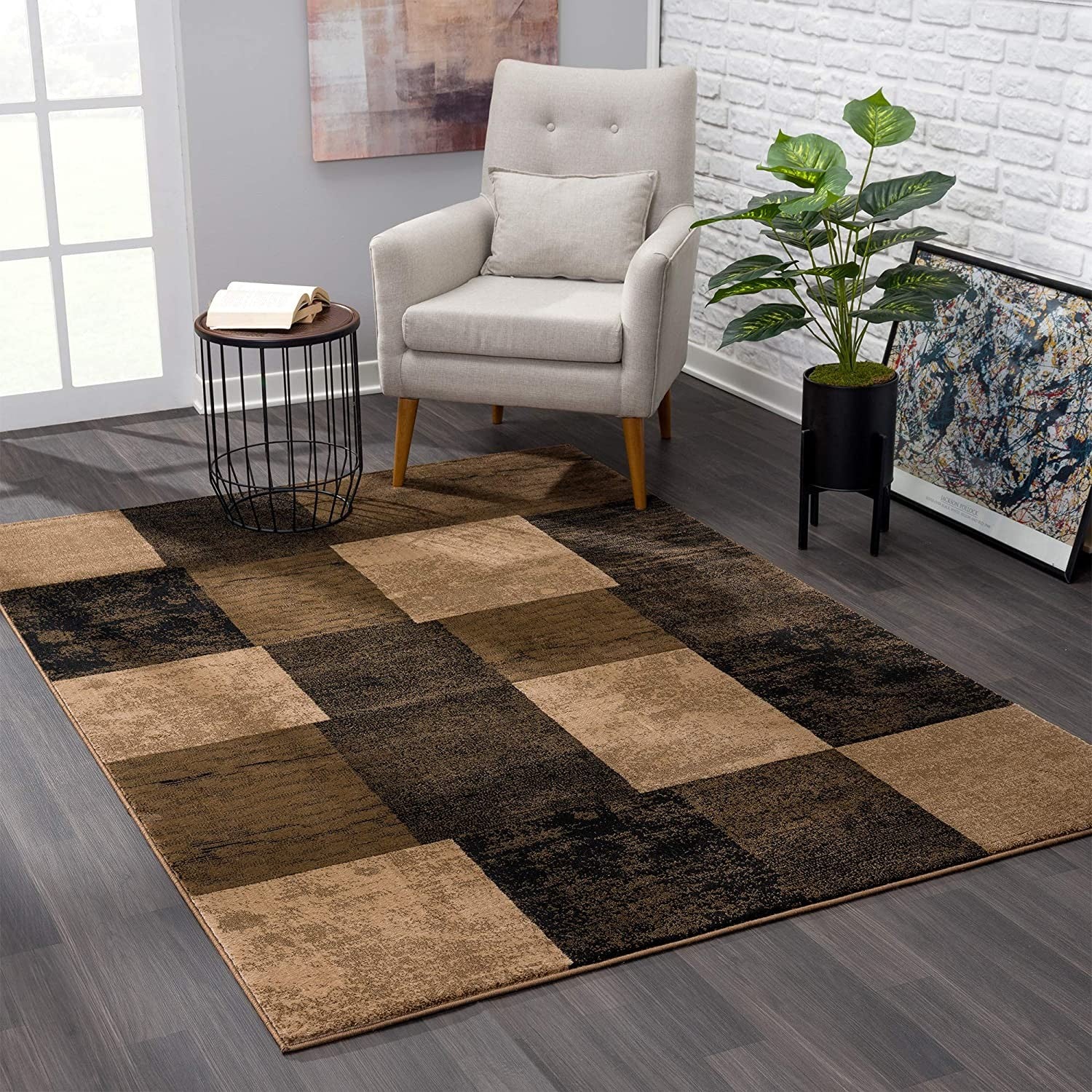 15' Brown And Black Geometric Distressed Runner Rug-Area Rugs-DECOROLALA