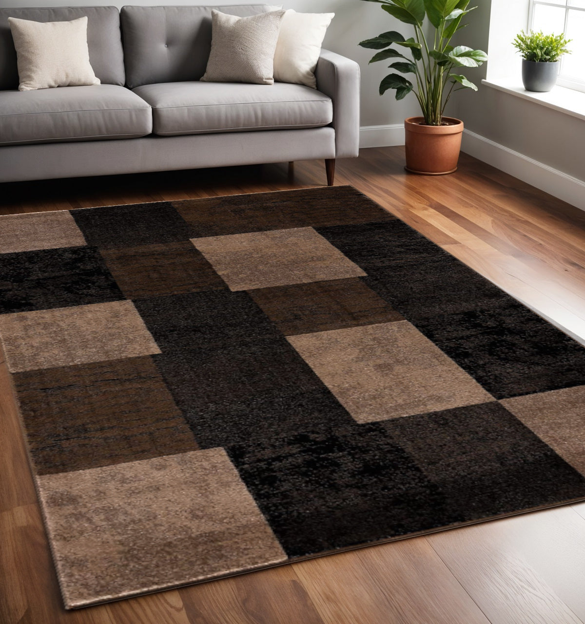 15' Brown And Black Geometric Distressed Runner Rug-Area Rugs-DECOROLALA