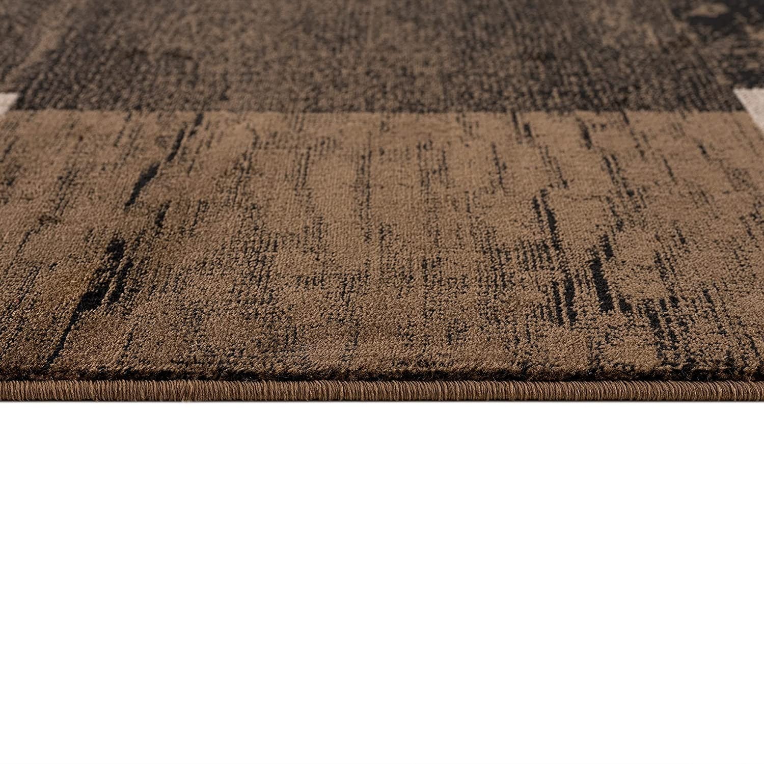 15' Brown And Black Geometric Distressed Runner Rug-Area Rugs-DECOROLALA