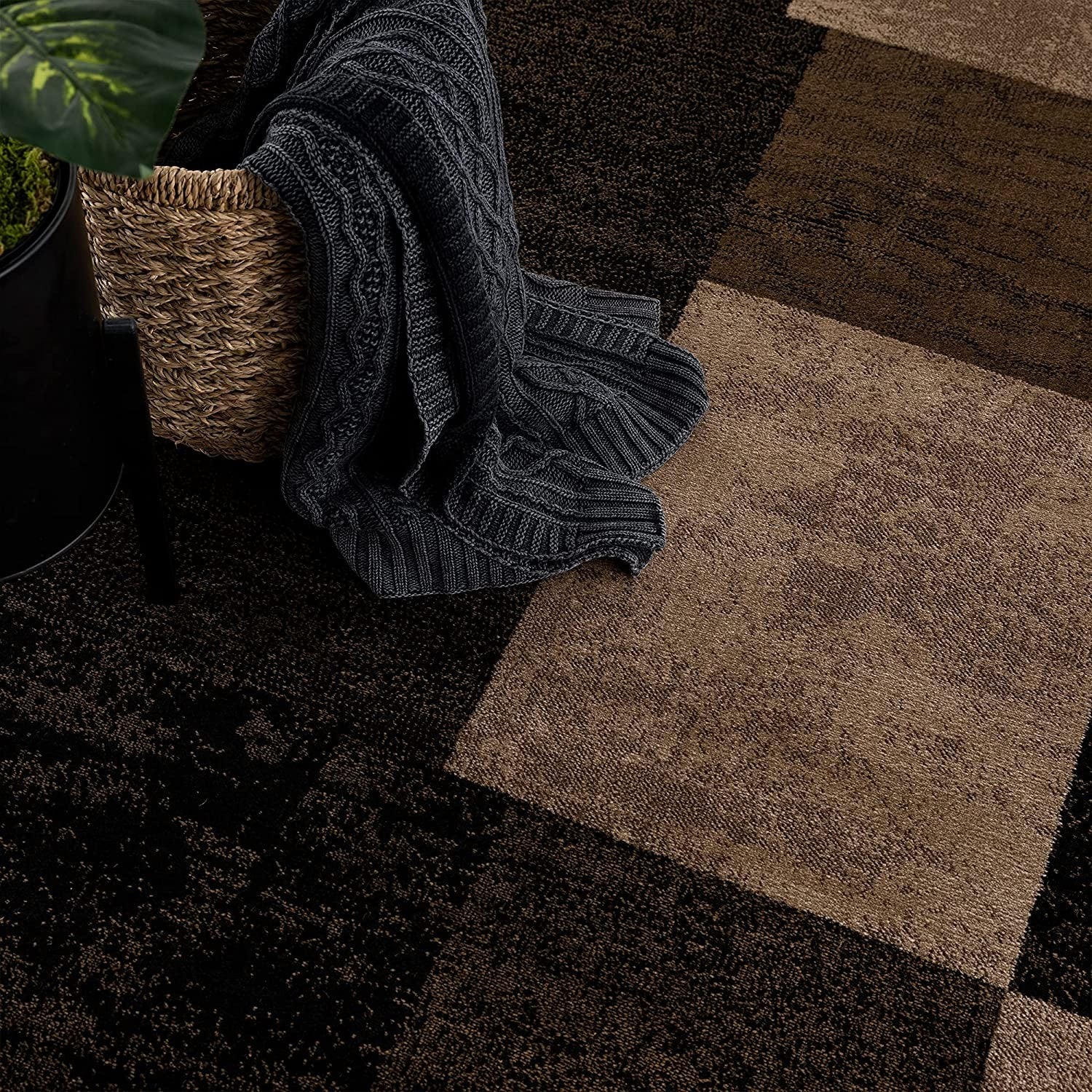 15' Brown And Black Geometric Distressed Runner Rug-Area Rugs-DECOROLALA
