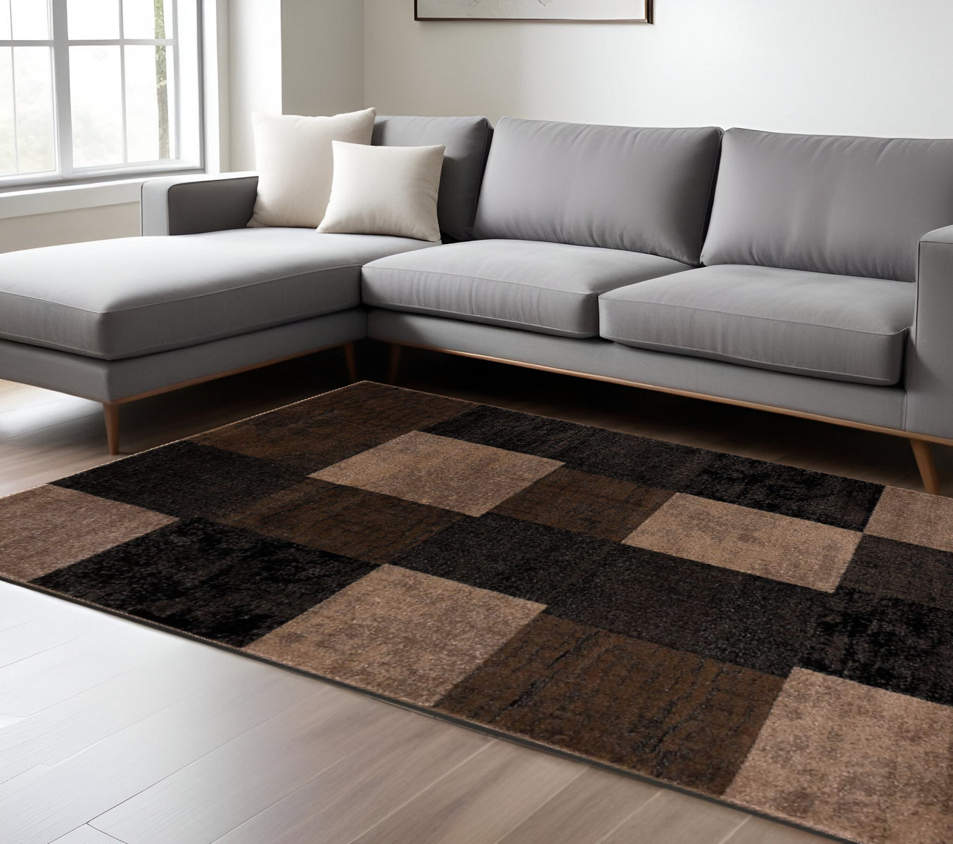 15' Brown And Black Geometric Distressed Runner Rug-Area Rugs-DECOROLALA