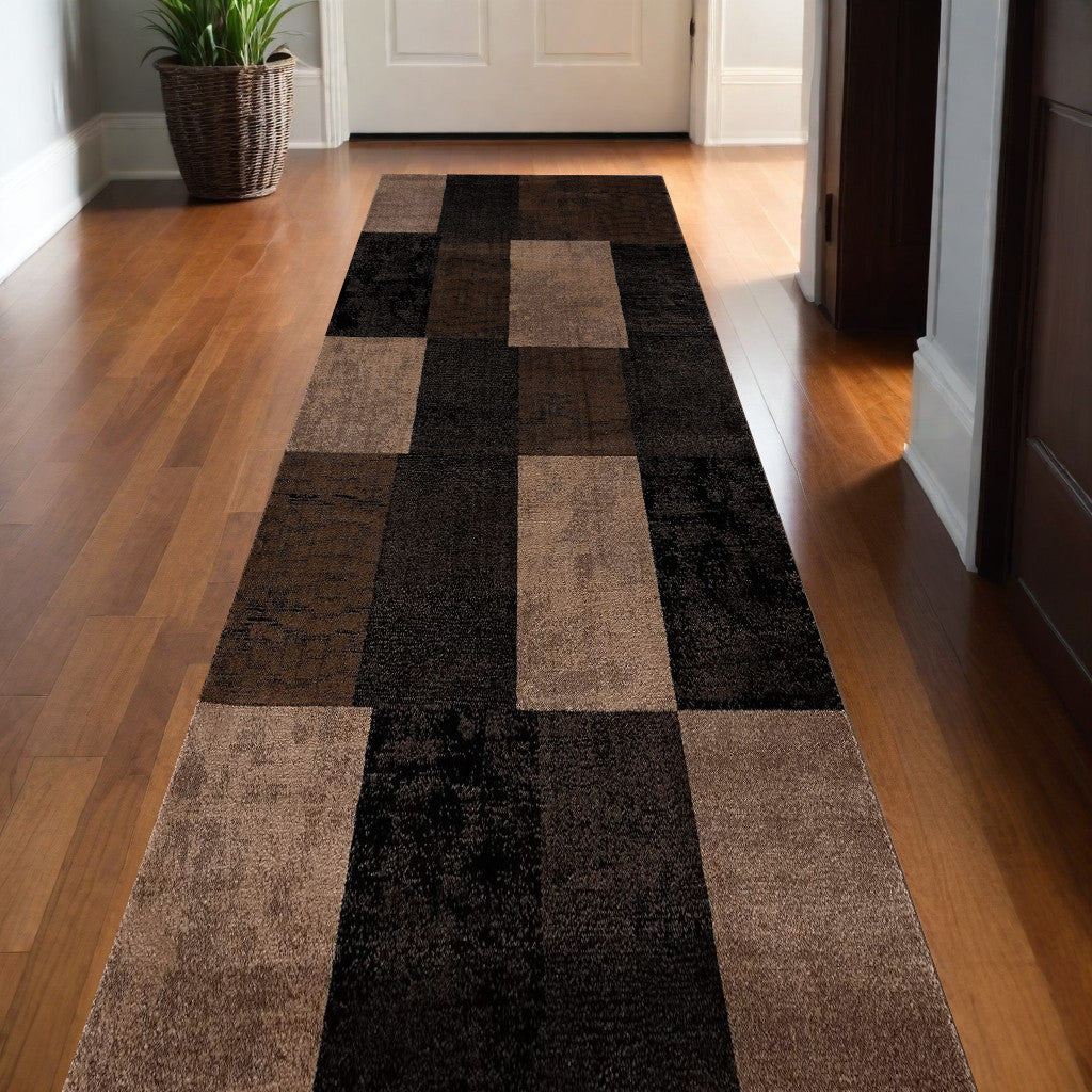 15' Brown And Black Geometric Distressed Runner Rug-Area Rugs-DECOROLALA