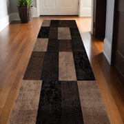 15' Brown And Black Geometric Distressed Runner Rug-Area Rugs-DECOROLALA