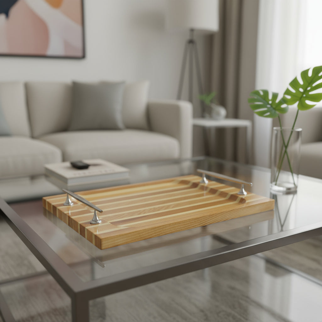 15" Brown And Natural Solid Wood Striped Serving Tray With Handles-Trays-DECOROLALA