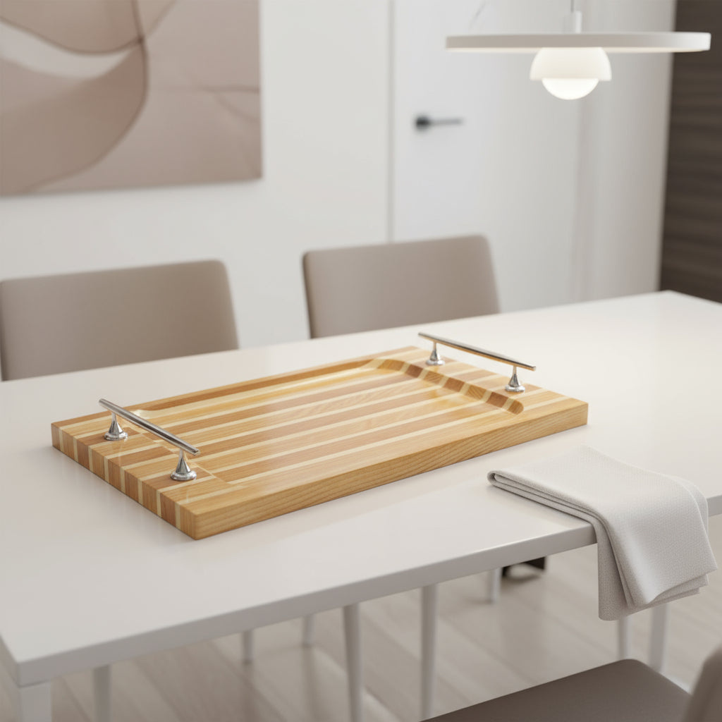 15" Brown And Natural Solid Wood Striped Serving Tray With Handles-Trays-DECOROLALA