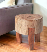 15" Dark Brown And Brown Distressed Reclaimed Wood Round End Table-End-Side Tables-DECOROLALA