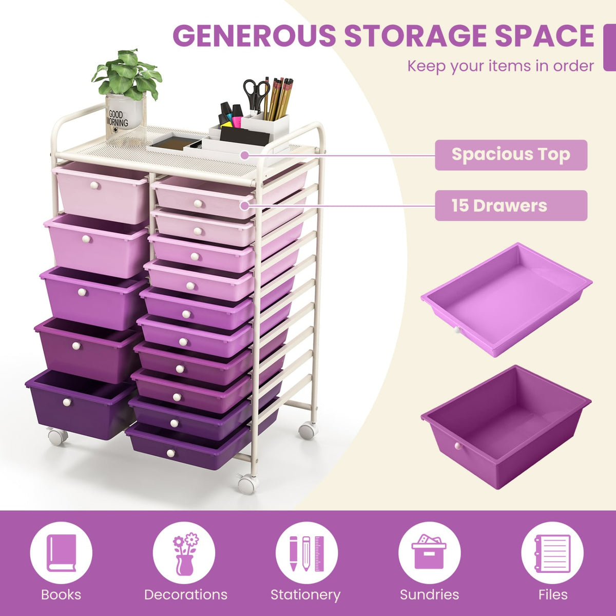 15-Drawer Utility Rolling Organizer Cart Multi-Use Storage-Purple-File Cabinets-DECOROLALA