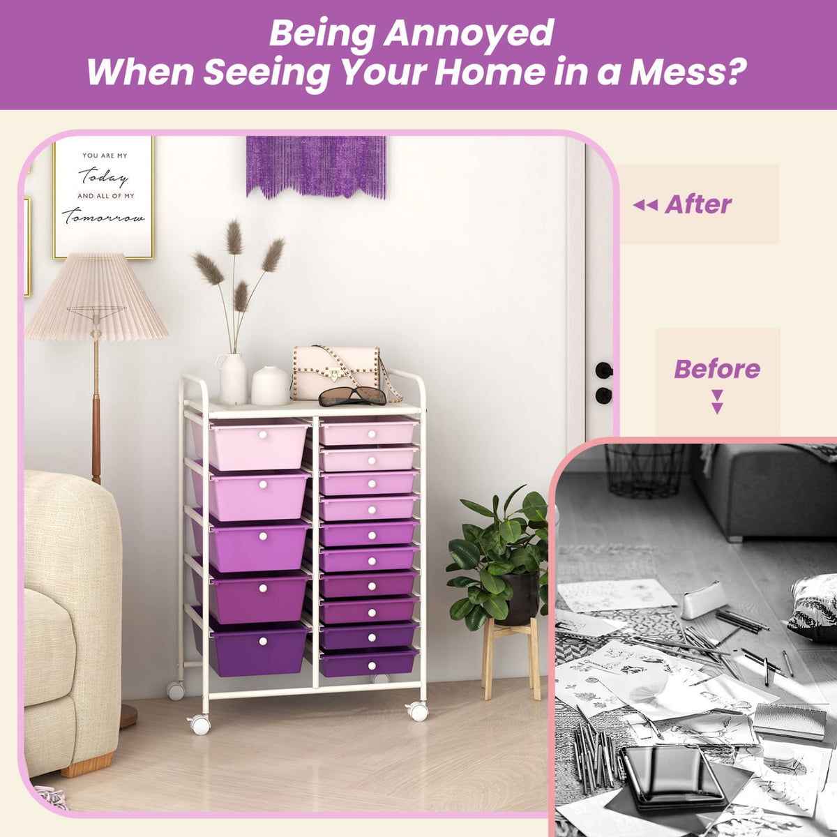 15-Drawer Utility Rolling Organizer Cart Multi-Use Storage-Purple-File Cabinets-DECOROLALA