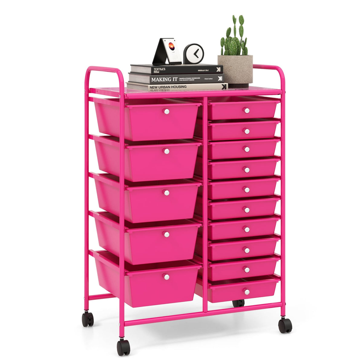 15-Drawer Utility Rolling Organizer Cart MultiUse Storage-Pink-File Cabinets-DECOROLALA