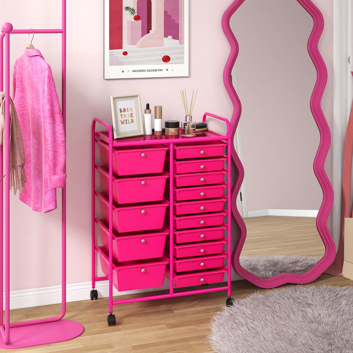 15-Drawer Utility Rolling Organizer Cart MultiUse Storage-Pink-File Cabinets-DECOROLALA