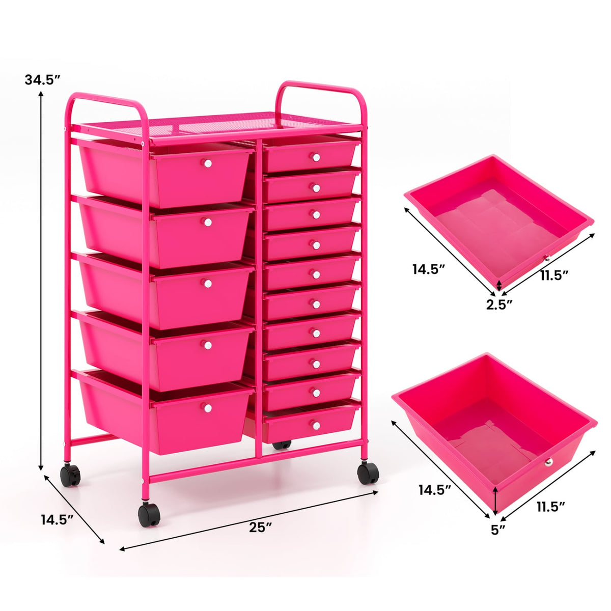 15-Drawer Utility Rolling Organizer Cart MultiUse Storage-Pink-File Cabinets-DECOROLALA