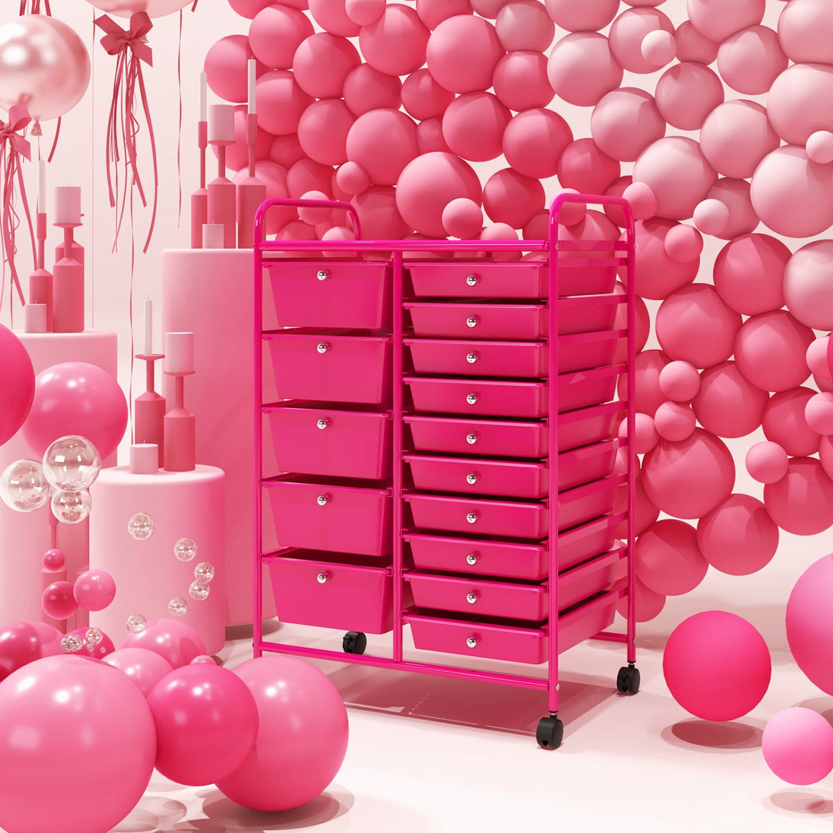 15-Drawer Utility Rolling Organizer Cart MultiUse Storage-Pink-File Cabinets-DECOROLALA