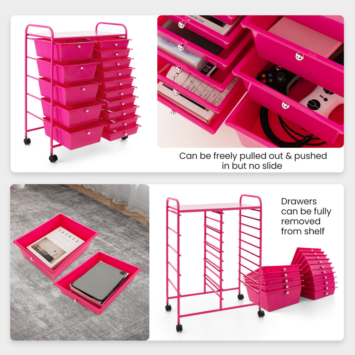 15-Drawer Utility Rolling Organizer Cart MultiUse Storage-Pink-File Cabinets-DECOROLALA