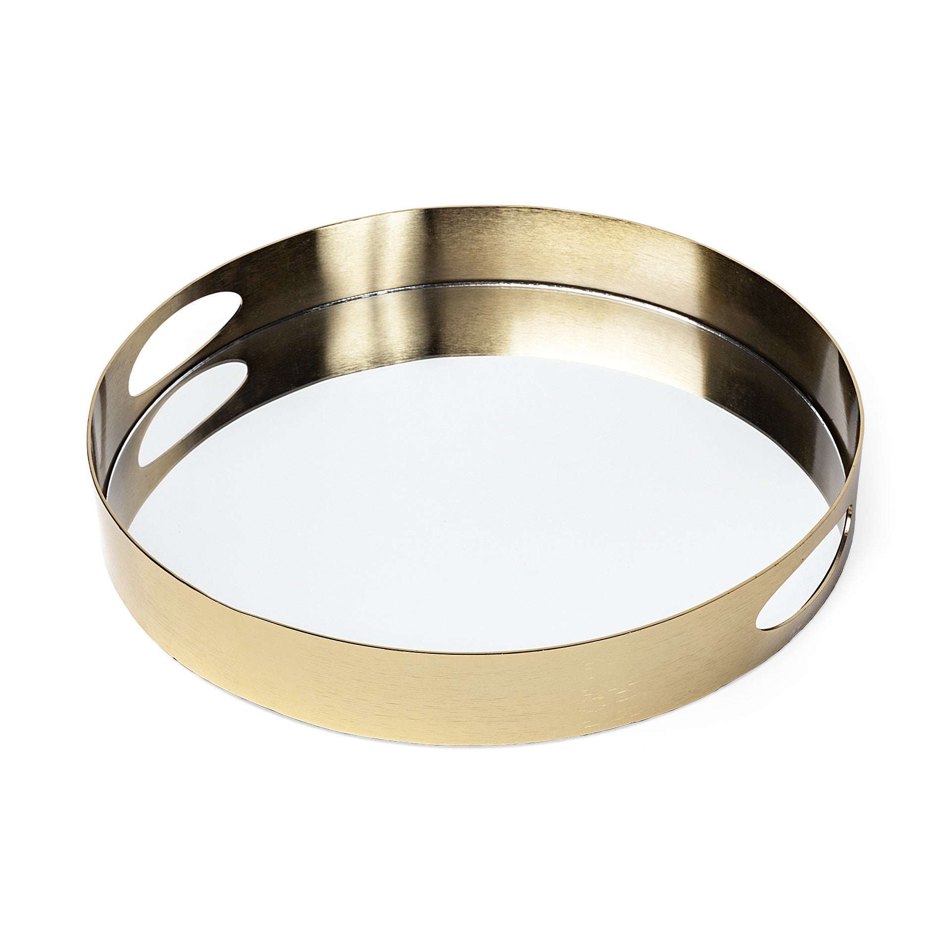 15" Gold And Mirrored Glass Round Metal Tray With Handles-Trays-DECOROLALA