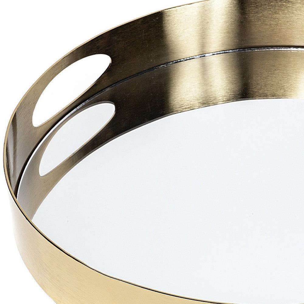 15" Gold And Mirrored Glass Round Metal Tray With Handles-Trays-DECOROLALA