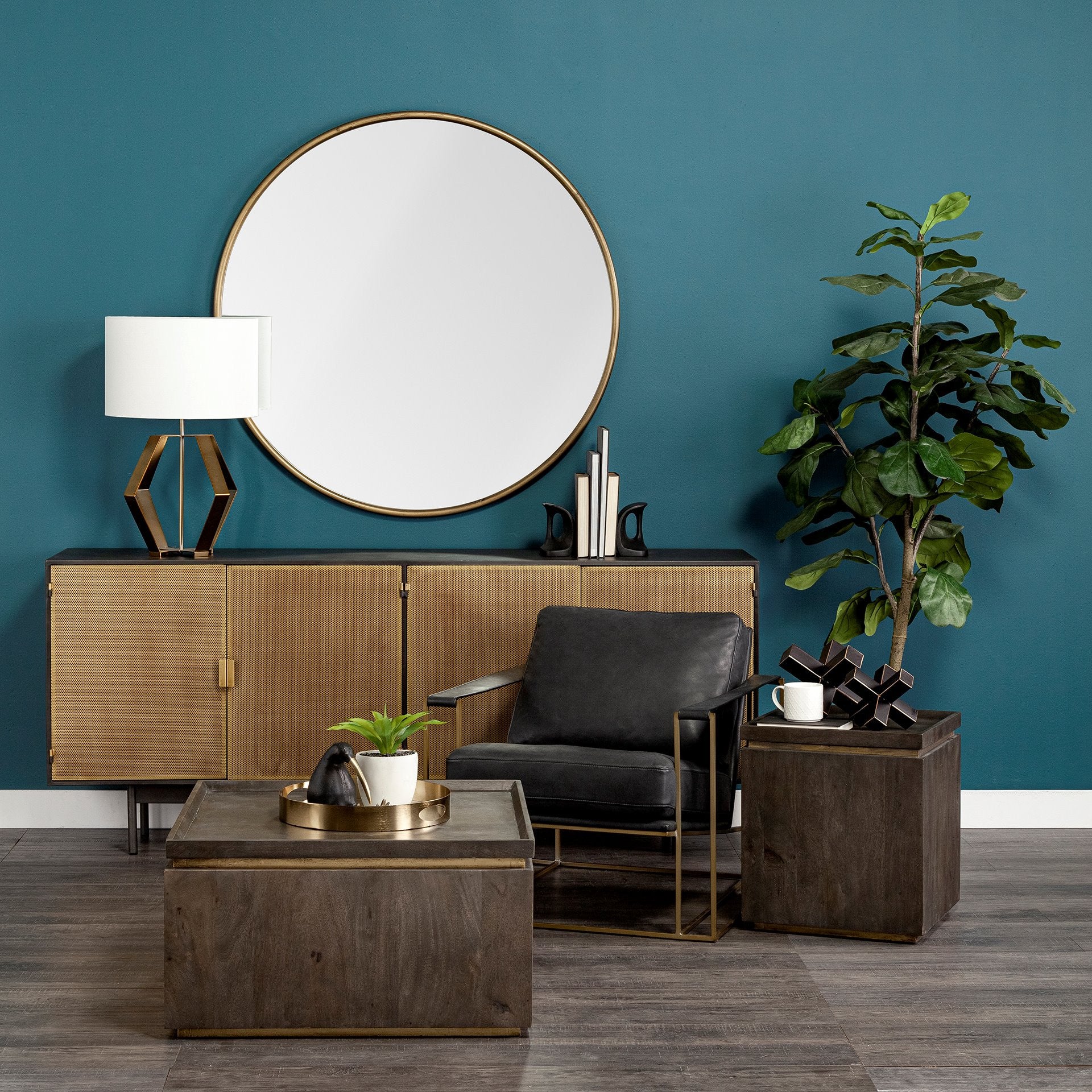 15" Gold And Mirrored Glass Round Metal Tray With Handles-Trays-DECOROLALA