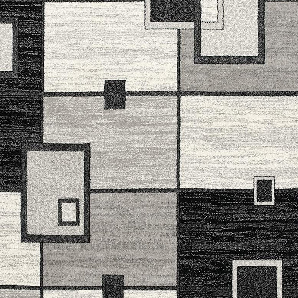 15' Gray And Black Geometric Distressed Runner Rug-Area Rugs-DECOROLALA