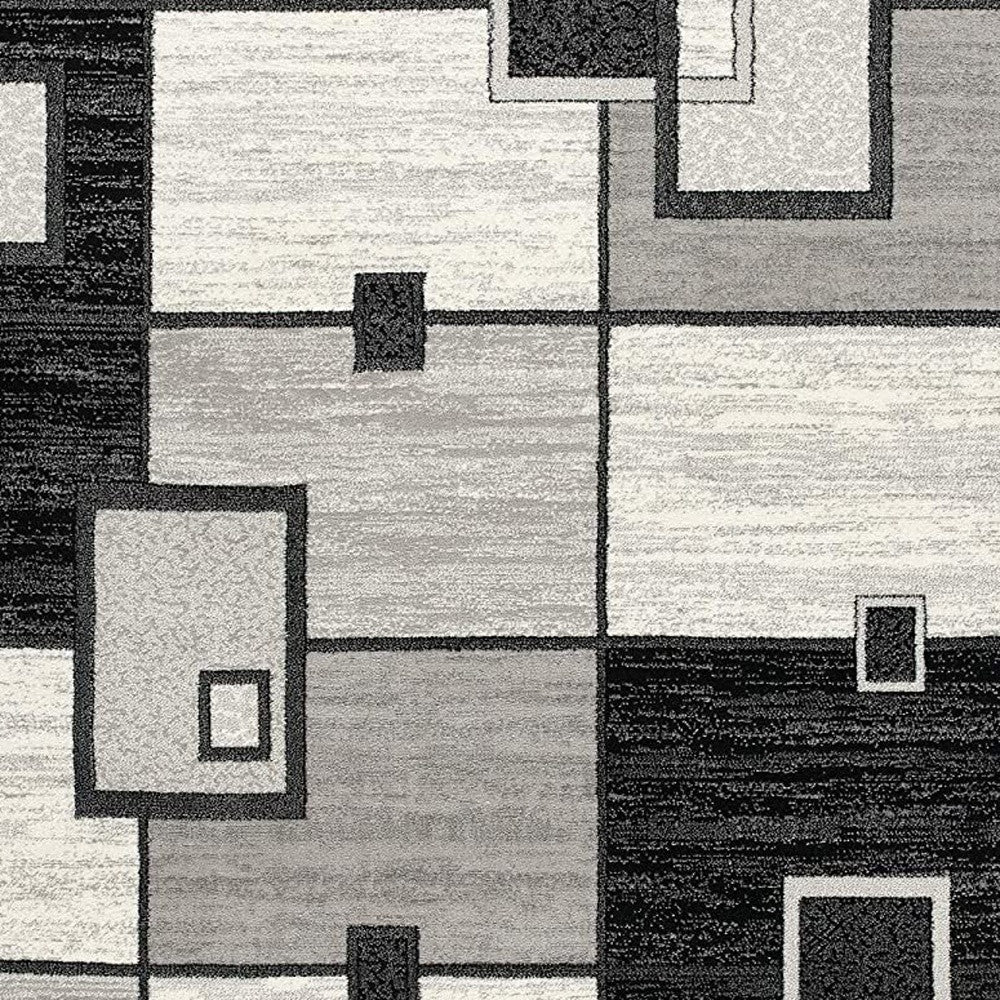 15' Gray And Black Geometric Distressed Runner Rug-Area Rugs-DECOROLALA