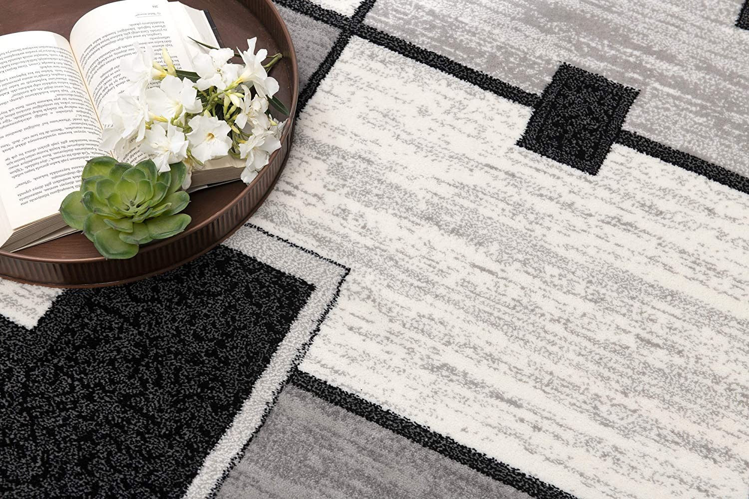 15' Gray And Black Geometric Distressed Runner Rug-Area Rugs-DECOROLALA