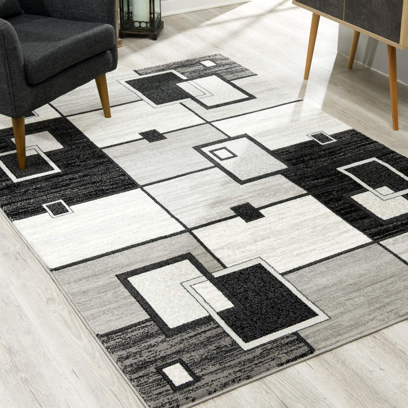 15' Gray And Black Geometric Distressed Runner Rug-Area Rugs-DECOROLALA
