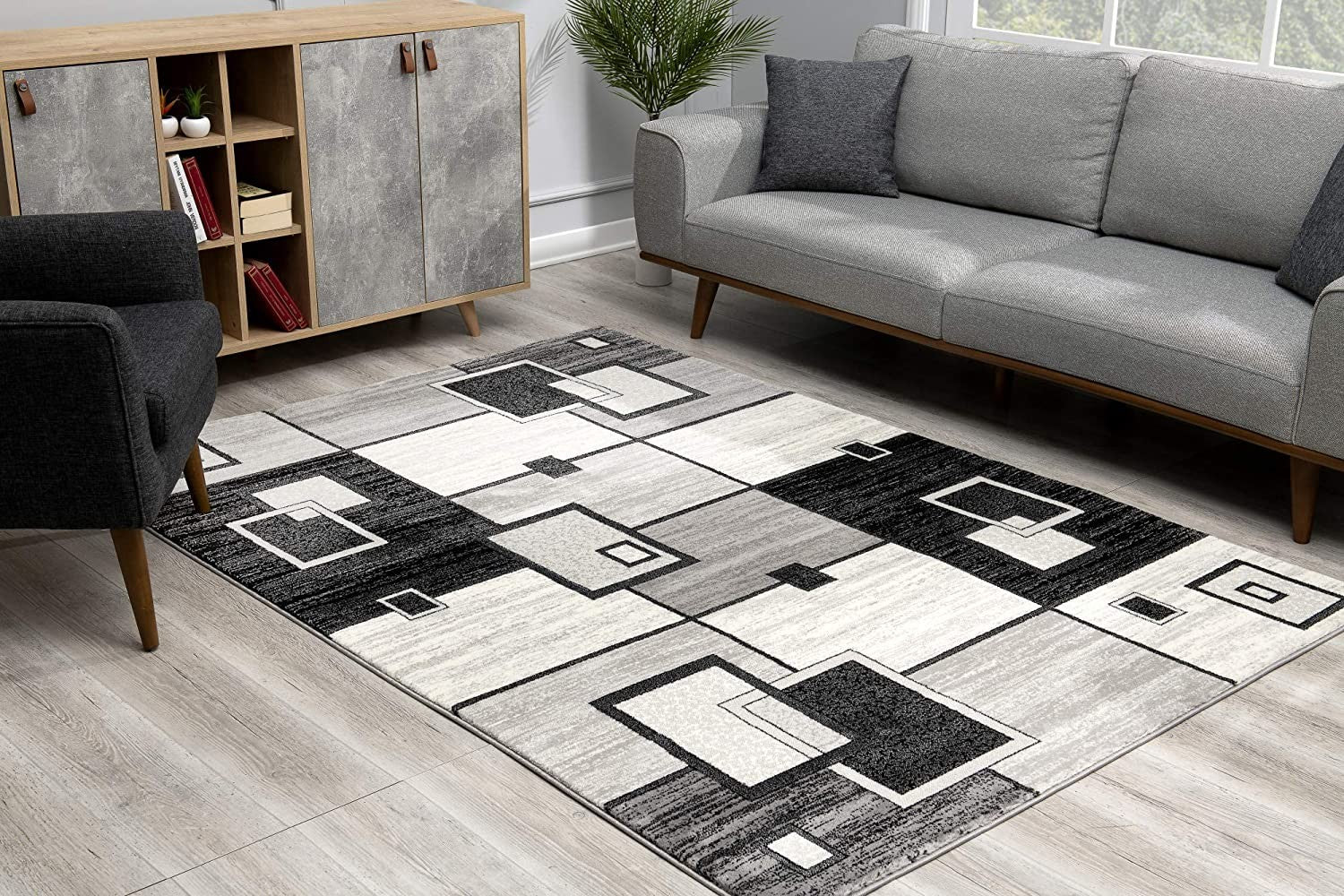 15' Gray And Black Geometric Distressed Runner Rug-Area Rugs-DECOROLALA