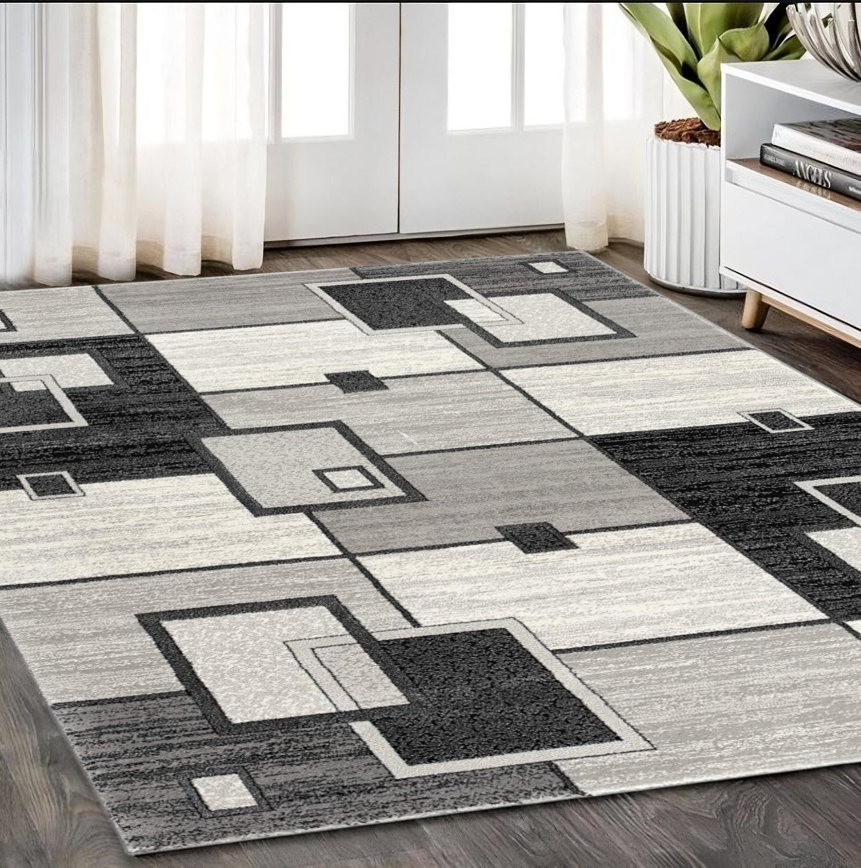 15' Gray And Black Geometric Distressed Runner Rug-Area Rugs-DECOROLALA