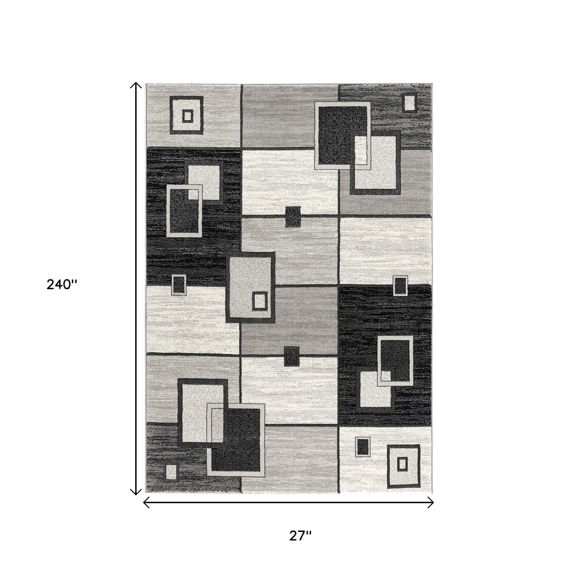 15' Gray And Black Geometric Distressed Runner Rug-Area Rugs-DECOROLALA