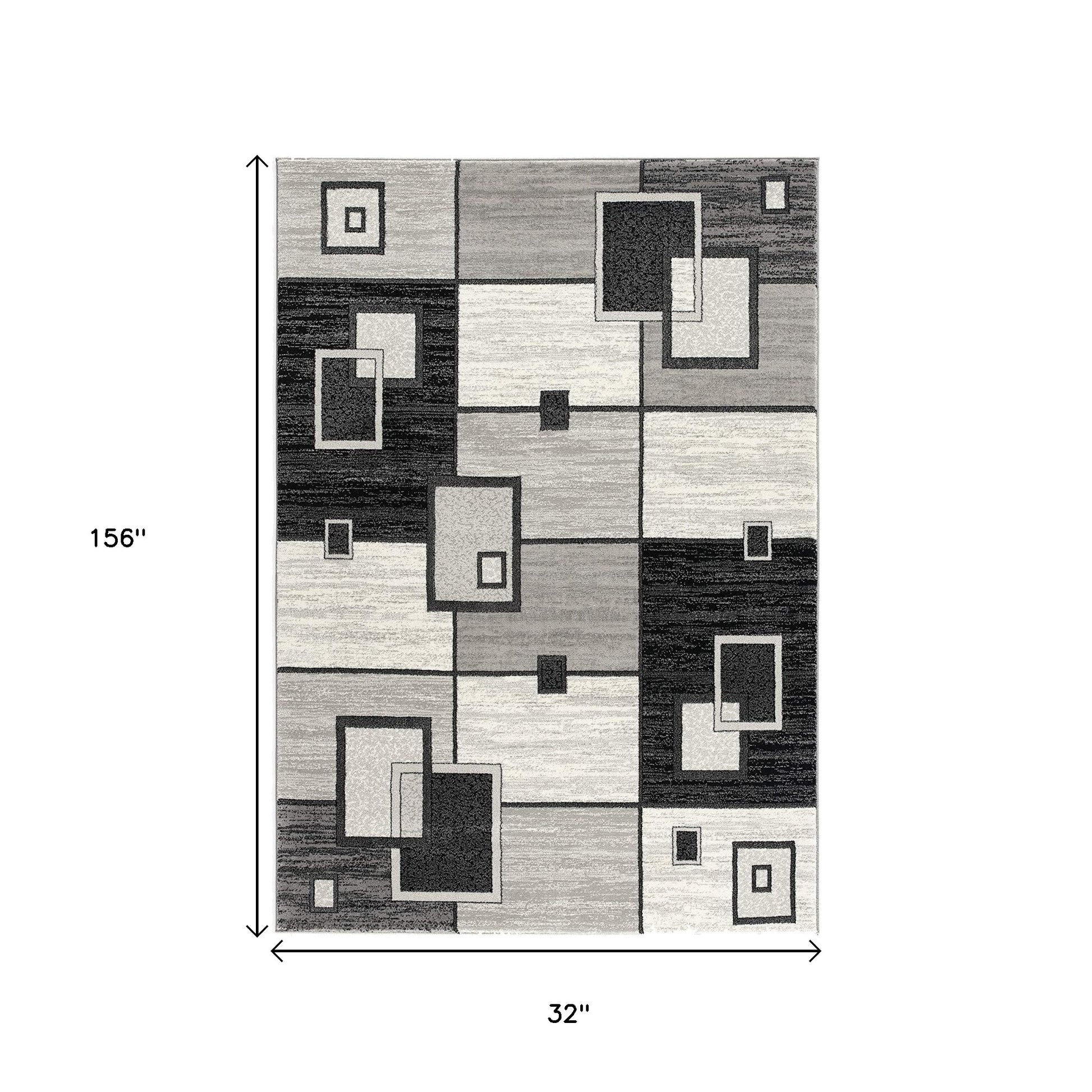 15' Gray And Black Geometric Distressed Runner Rug-Area Rugs-DECOROLALA