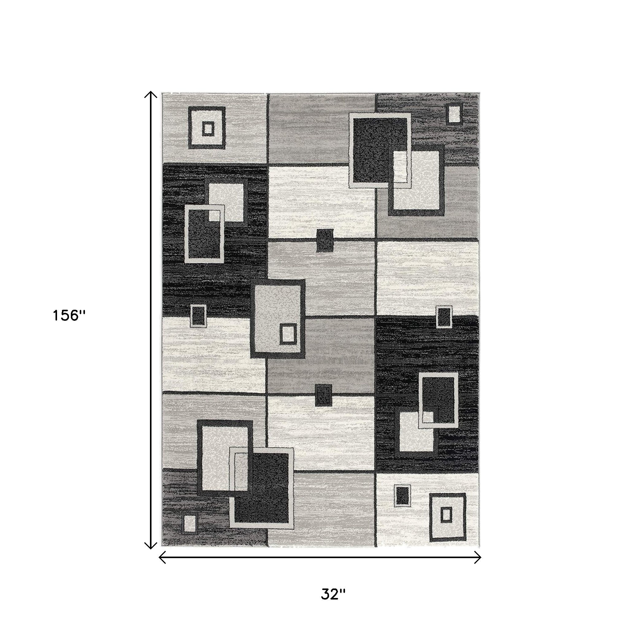 15' Gray And Black Geometric Distressed Runner Rug-Area Rugs-DECOROLALA