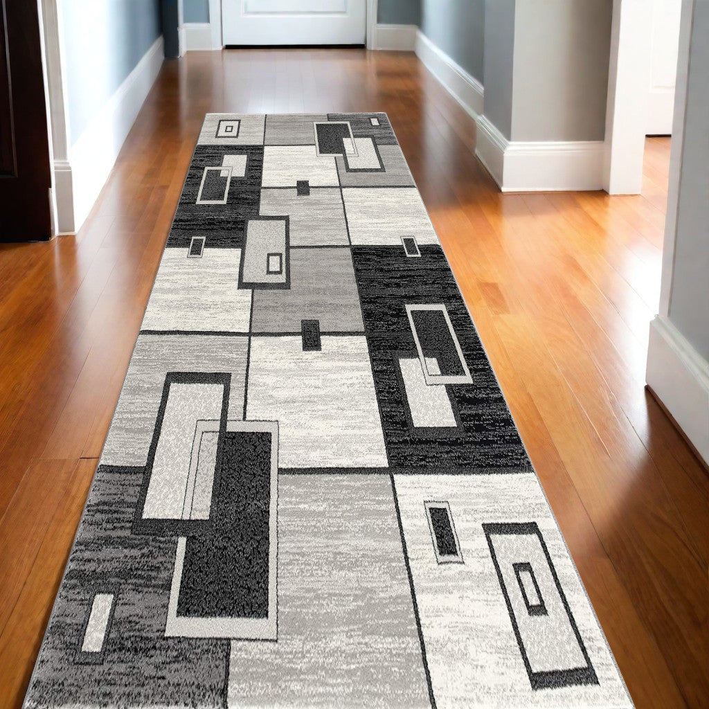 15' Gray And Black Geometric Distressed Runner Rug-Area Rugs-DECOROLALA