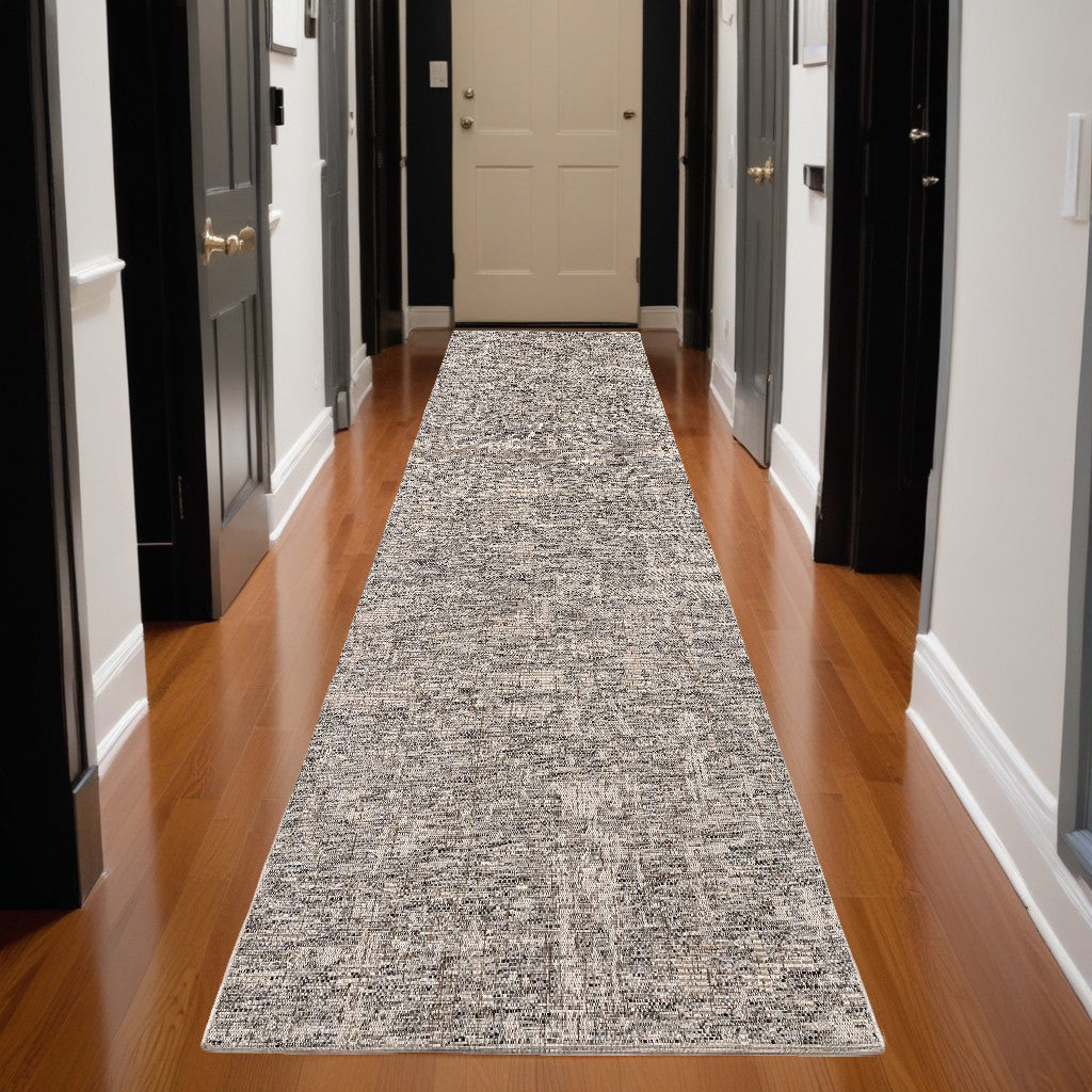 15' Gray And Ivory Abstract Runner Rug-Area Rugs-DECOROLALA