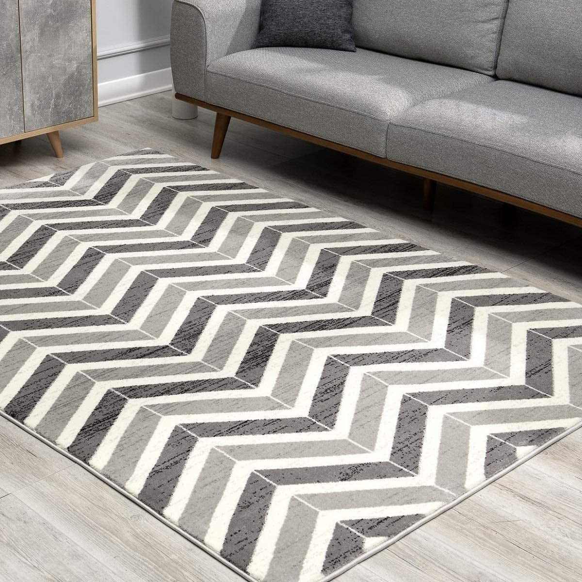 15' Gray And Ivory Chevron Distressed Runner Rug-Area Rugs-DECOROLALA