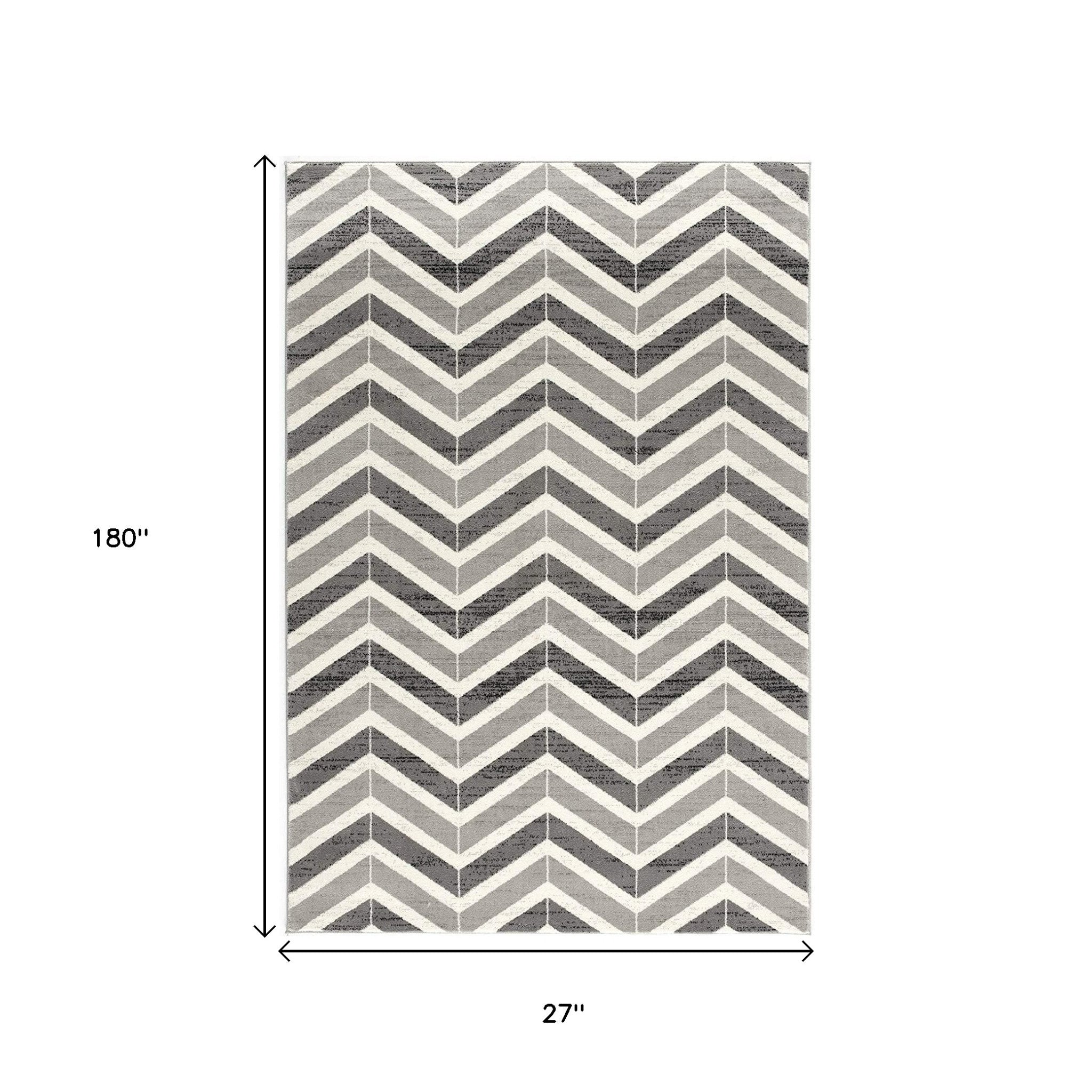 15' Gray And Ivory Chevron Distressed Runner Rug-Area Rugs-DECOROLALA