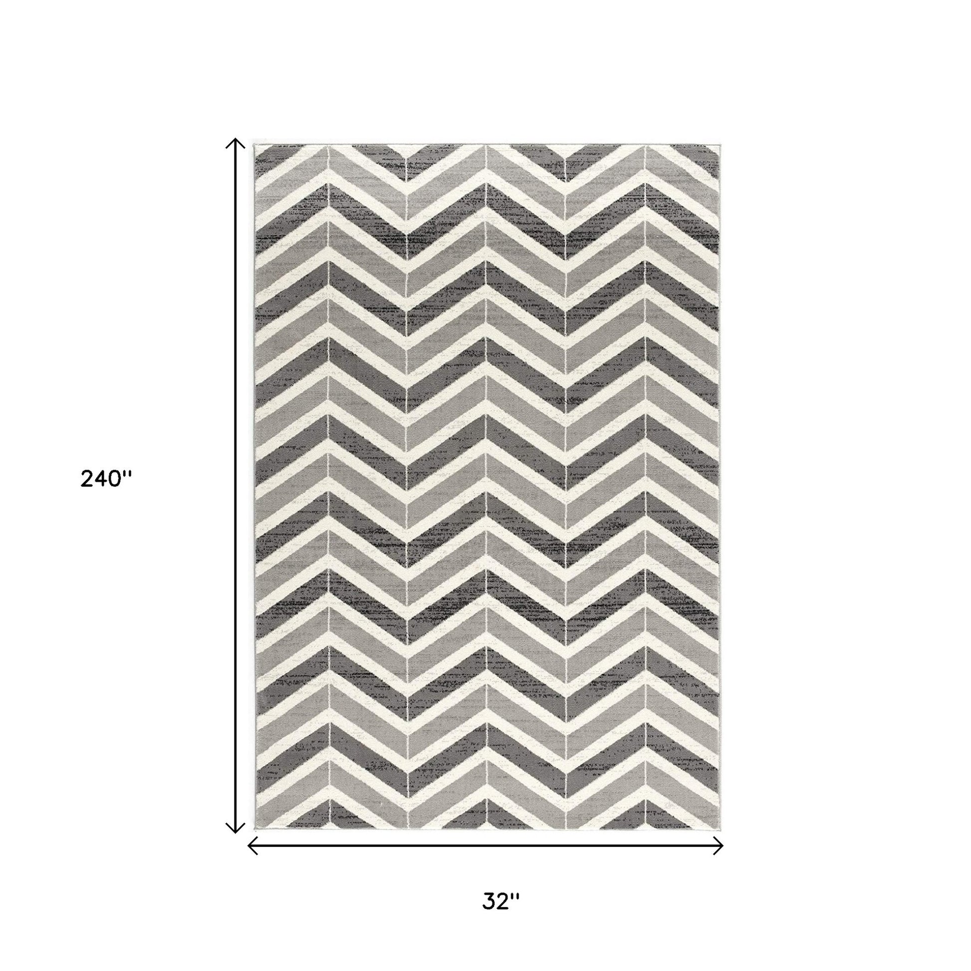 15' Gray And Ivory Chevron Distressed Runner Rug-Area Rugs-DECOROLALA