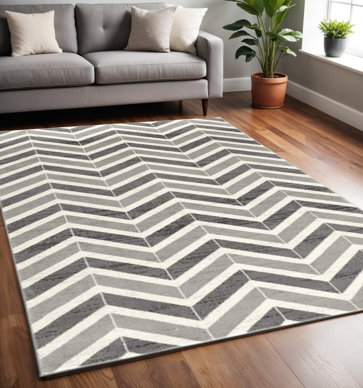 15' Gray And Ivory Chevron Distressed Runner Rug-Area Rugs-DECOROLALA
