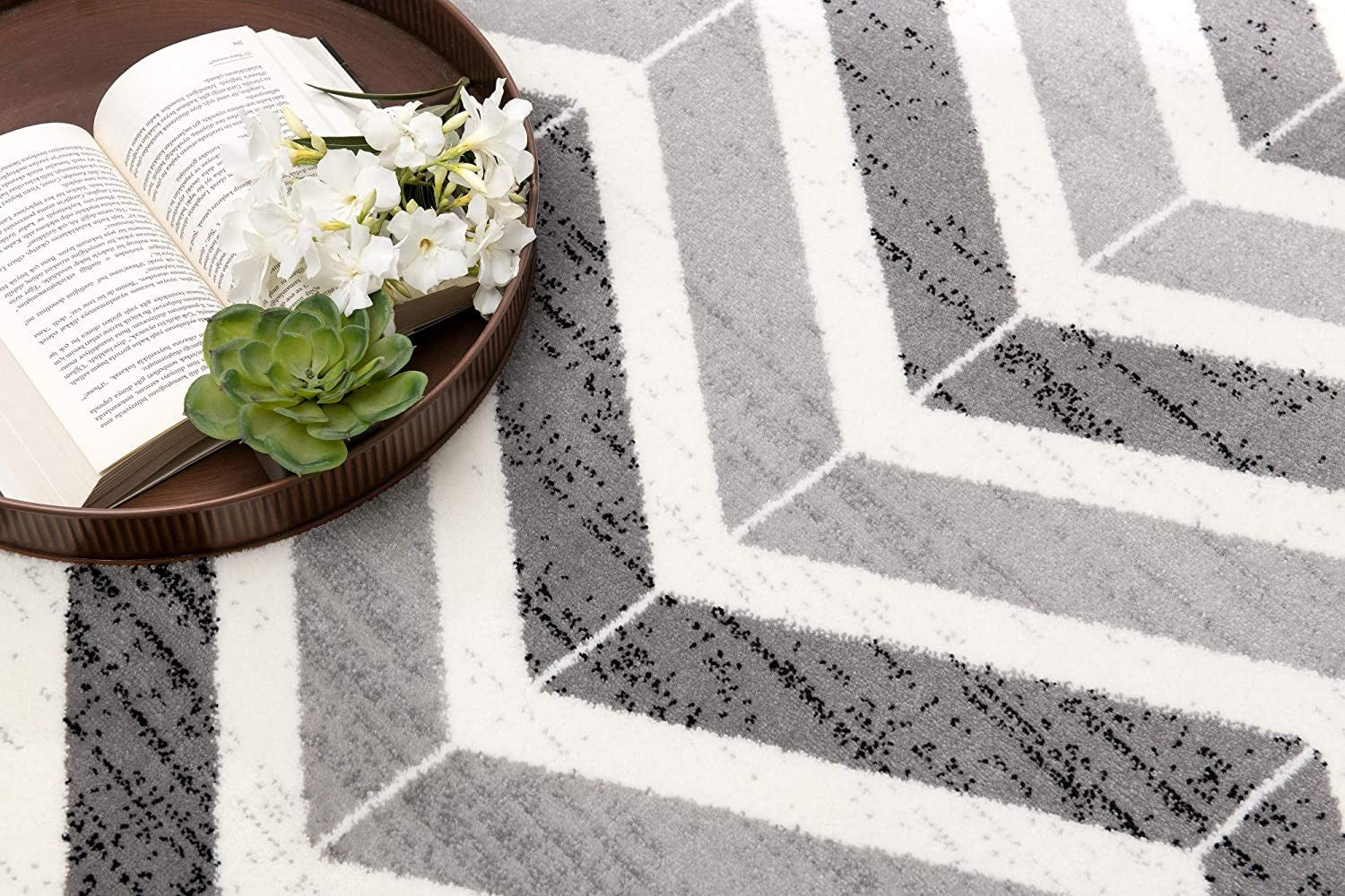 15' Gray And Ivory Chevron Distressed Runner Rug-Area Rugs-DECOROLALA