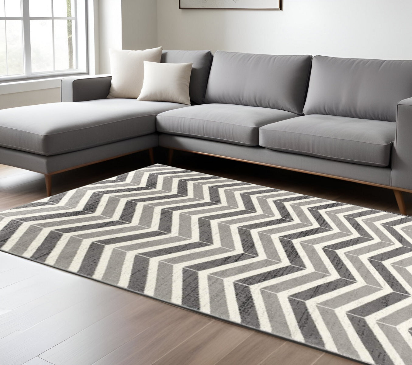 15' Gray And Ivory Chevron Distressed Runner Rug-Area Rugs-DECOROLALA