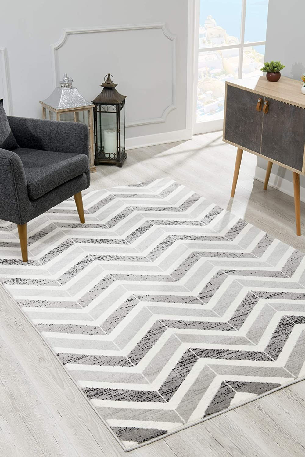 15' Gray And Ivory Chevron Distressed Runner Rug-Area Rugs-DECOROLALA