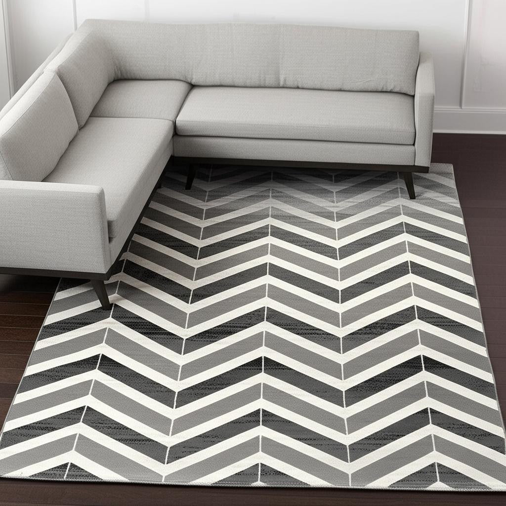 15' Gray And Ivory Chevron Distressed Runner Rug-Area Rugs-DECOROLALA