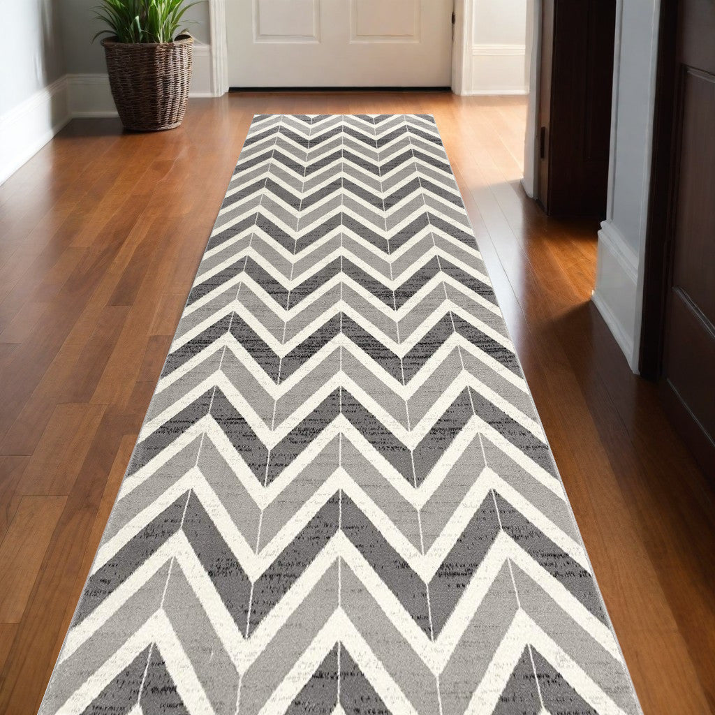 15' Gray And Ivory Chevron Distressed Runner Rug-Area Rugs-DECOROLALA