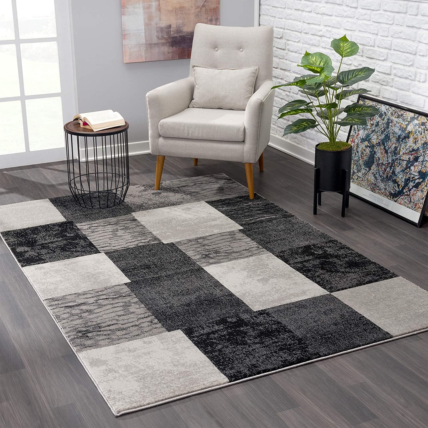 15' Gray Checkered Power Loom Runner Rug-Area Rugs-DECOROLALA